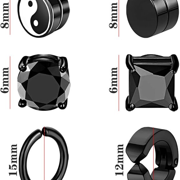 Men's Black Stainless Steel Magnetic Non Piercing Earrings, Stylish CZ Studs, 6 - Picture 2 of 7
